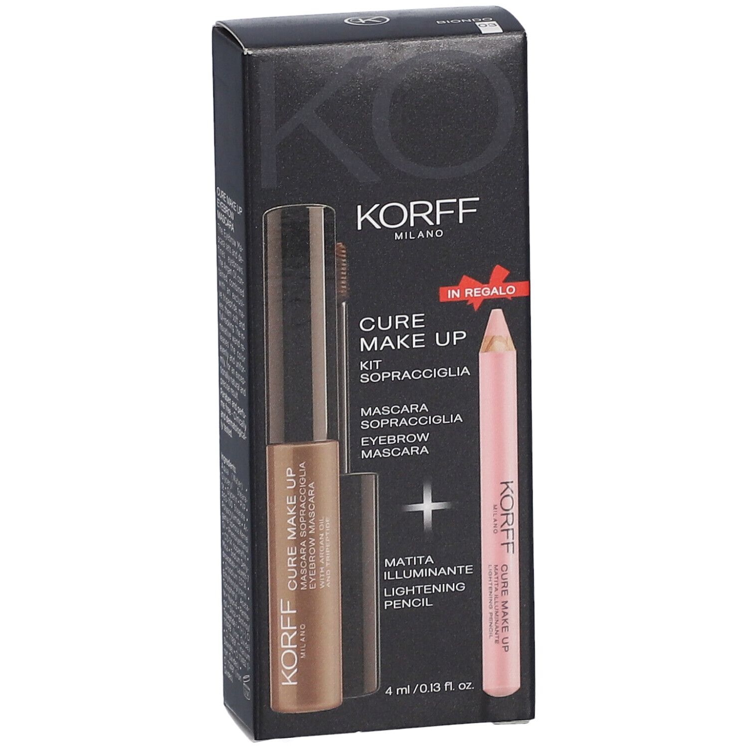 Kit pour les sourcils KORFF en emballage. Comprend du mascara et un crayon rose clair. Emballage noir avec image du produit.
