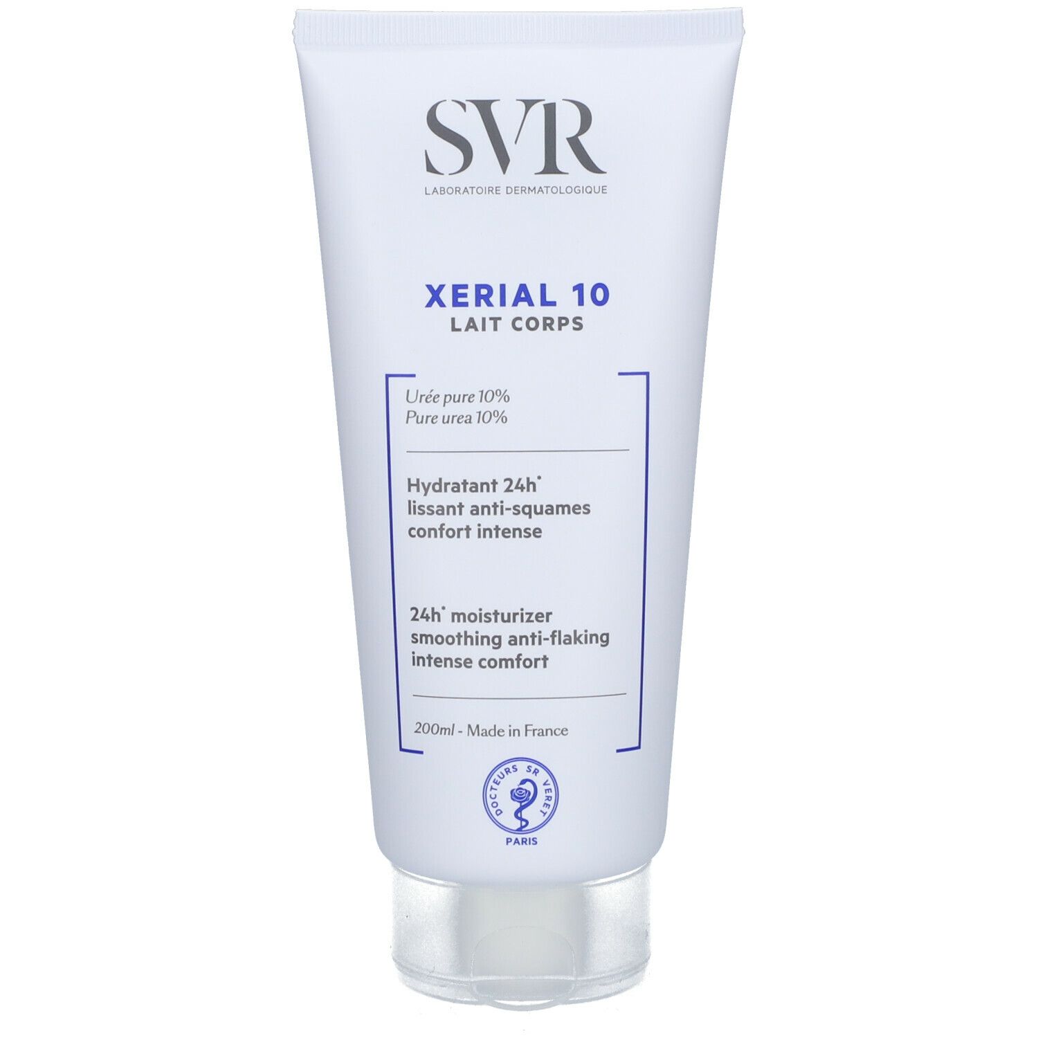 Weiße Tube mit Schraubverschluss. Aufschrift SVR, Xérial 10 Lait Corps. Text: Hydratant 24h, anti-squames, comfort intense.