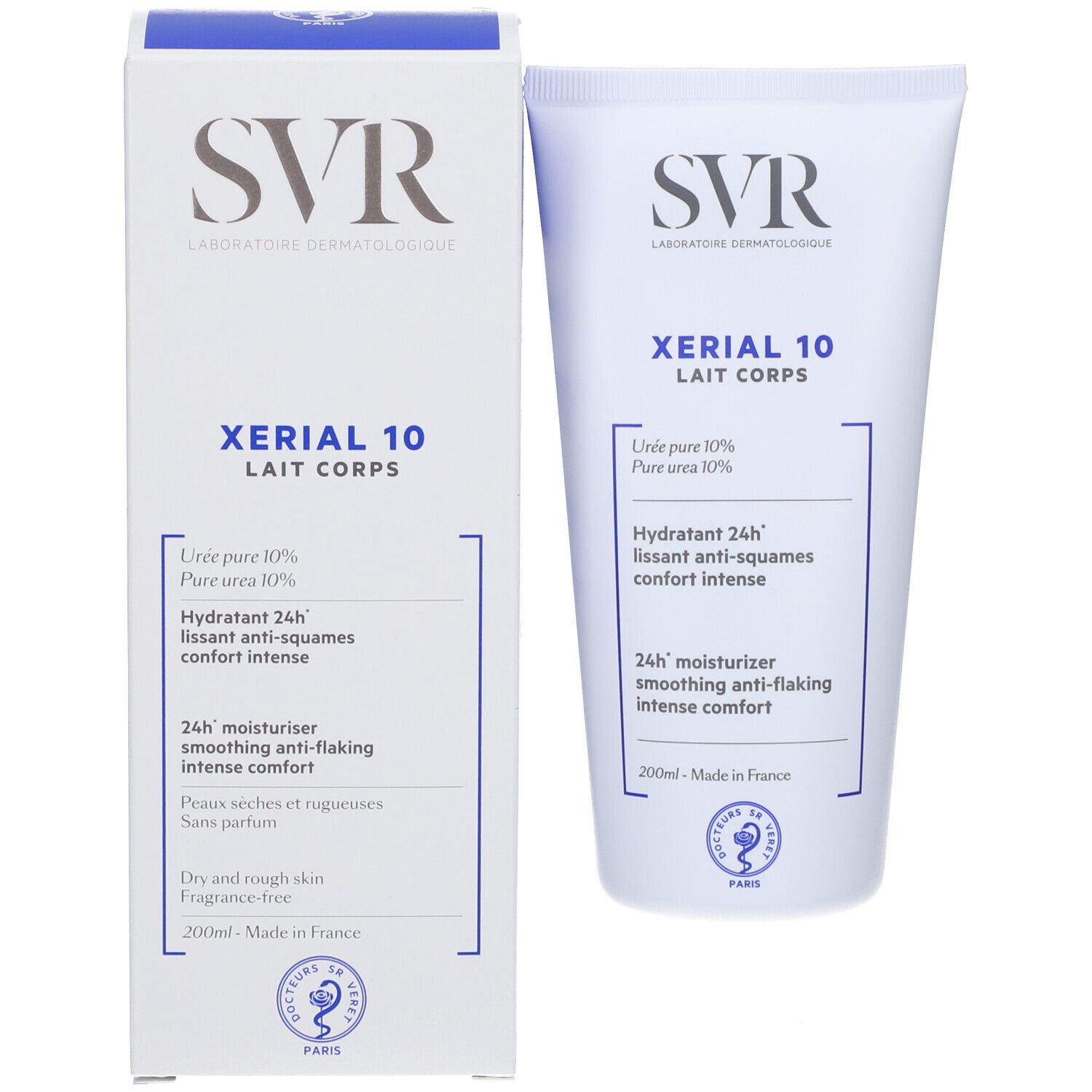 Tube und Schachtel. Aufschrift SVR, Xérial 10 Lait Corps. Text: Hydratant 24h, anti-squames, comfort intense. 200ml.