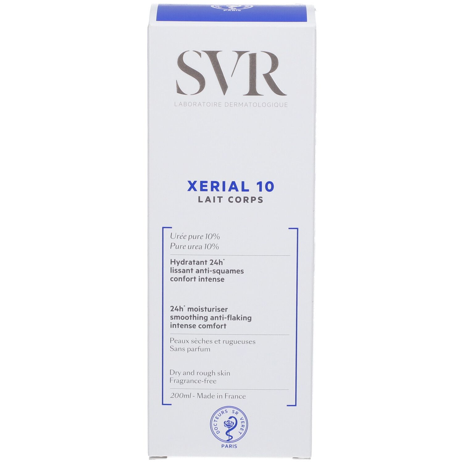 Schachtel. Aufschrift SVR, Xérial 10 Lait Corps. Text: Hydratant 24h, anti-squames, comfort intense. 200ml.