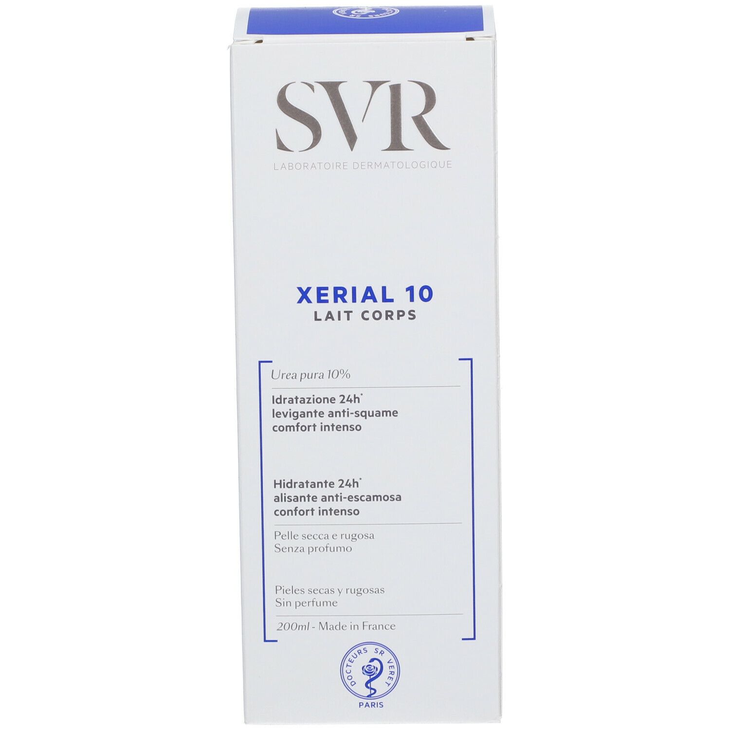 Schachtel. Aufschrift SVR, Xérial 10 Lait Corps. Text: Hydratant 24h, anti-squames, comfort intense. 200ml.