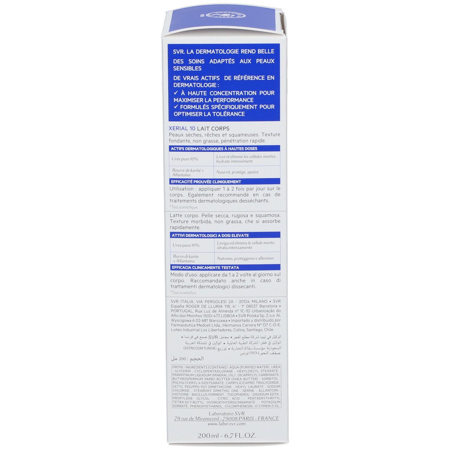 Schachtel. Text: SVR, Xérial 10 Lait Corps. Text in mehreren Sprachen. Dermatologisch getestet. 200ml.