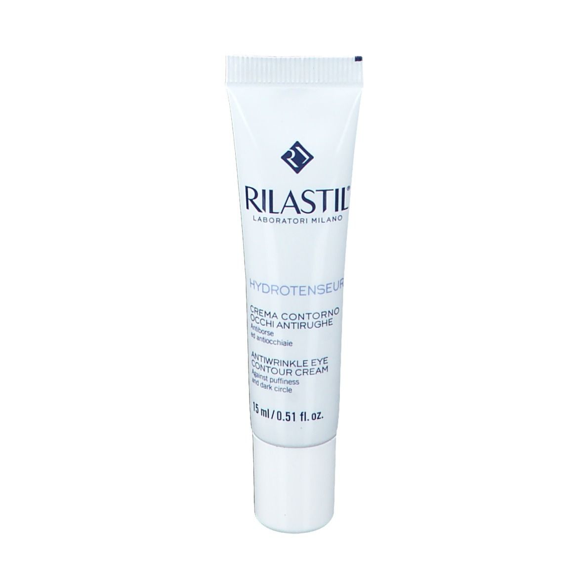 Tube de crème contour des yeux Rilastil Hydrotenseur. Blanc, texte bleu. Contient 15 ml. Inscription: Crème contour des yeux anti-rides.