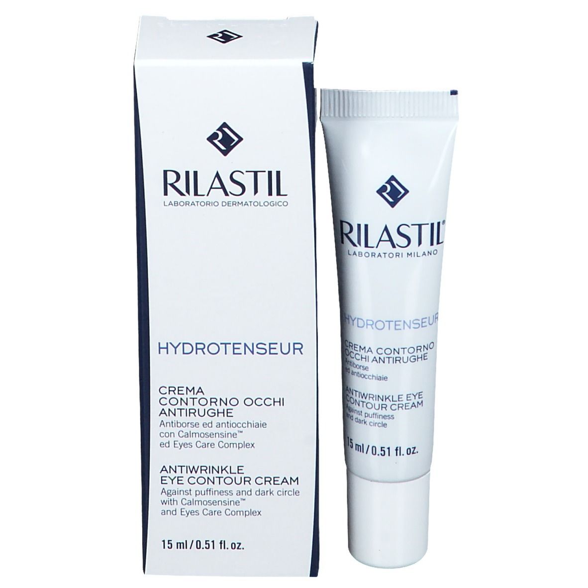 Rilastil Hydrotenseur crème contour des yeux avec emballage. Tube et boîte. Boîte avec informations sur le produit.
