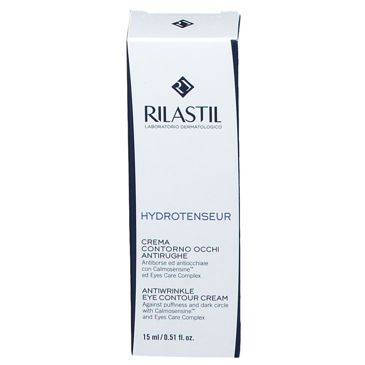 Boîte de crème contour des yeux Rilastil Hydrotenseur. Blanc avec texte bleu. Contient des informations sur le produit.
