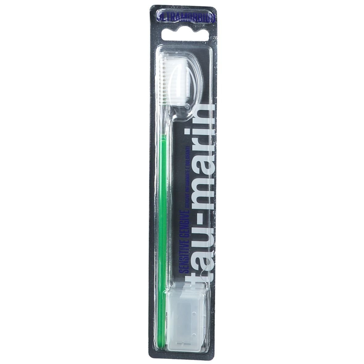 Zahnbürste mit grünem Griff und weißem Bürstenkopf in Verpackung. "tau-marin" ist sichtbar.
