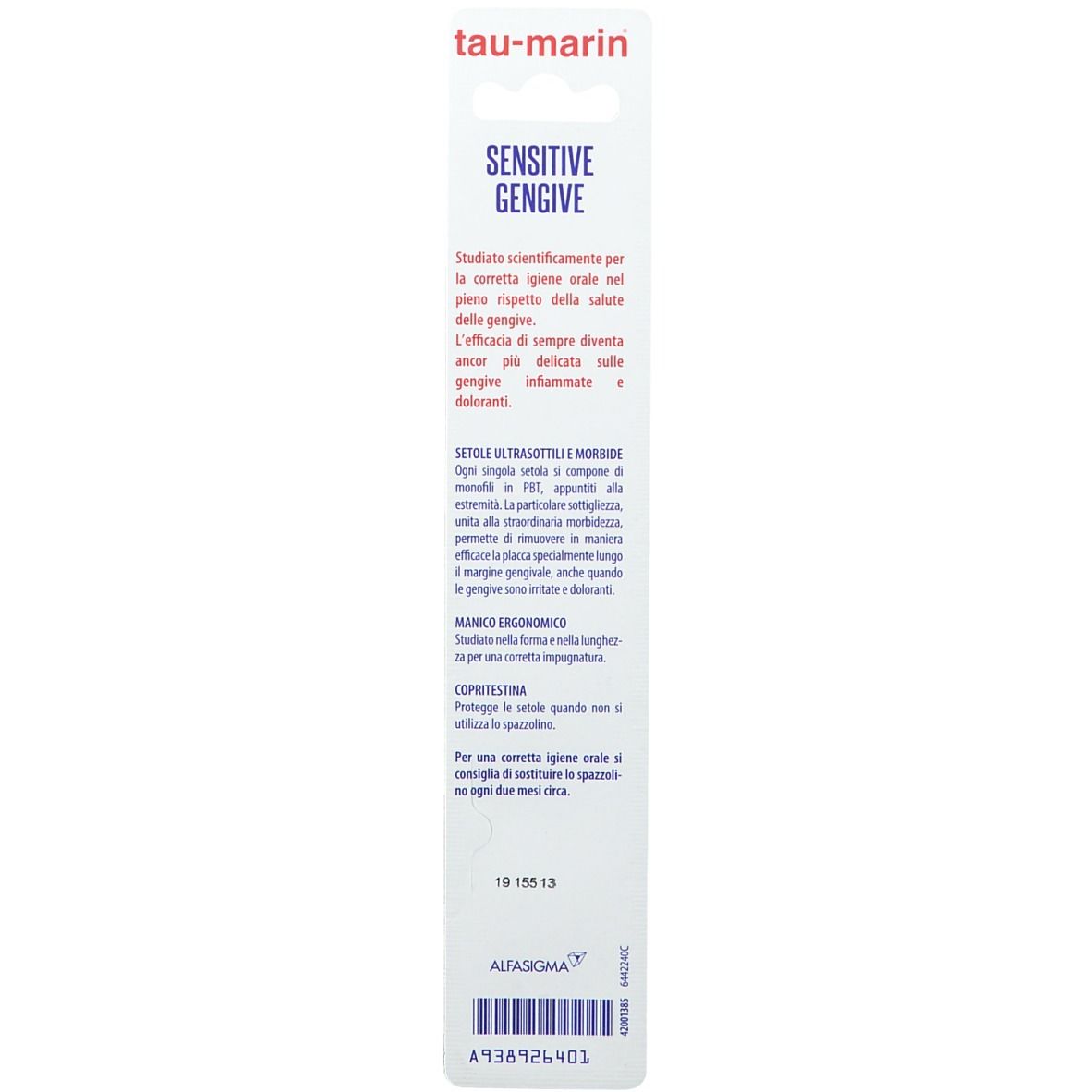 Verpackung mit Text. "tau-marin" und "Sensitive Gengive" sind sichtbar. Text in italienischer Sprache.