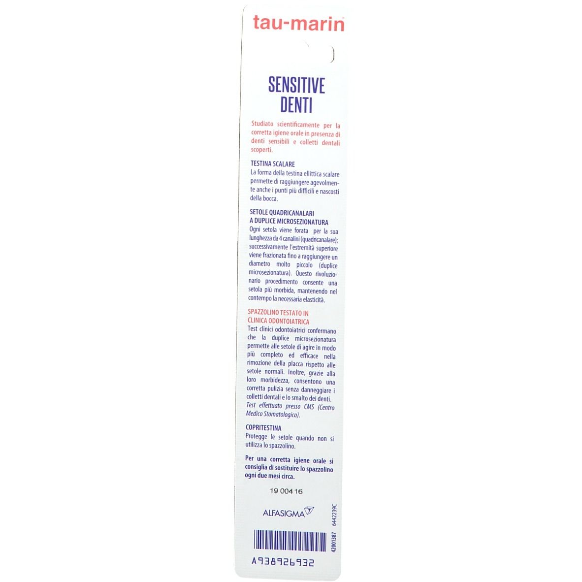 Verpackung von tau-marin® Sensitive Zahnbürste, Text mit Produktinformationen und Logo.
