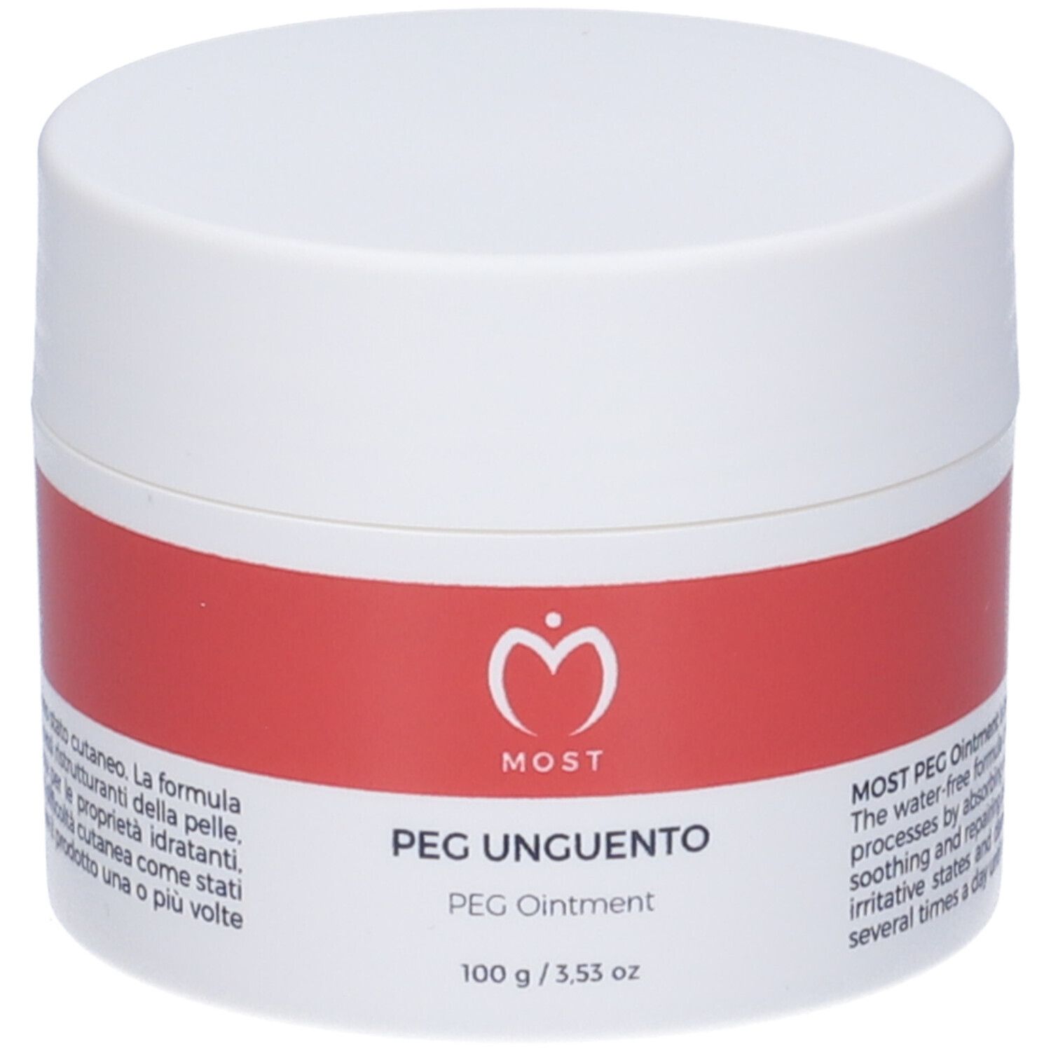 Weißer Tiegel mit rotem Band. Aufschrift: MOST, PEG UNGUENTO, PEG Ointment. 100 g / 3.53 oz.