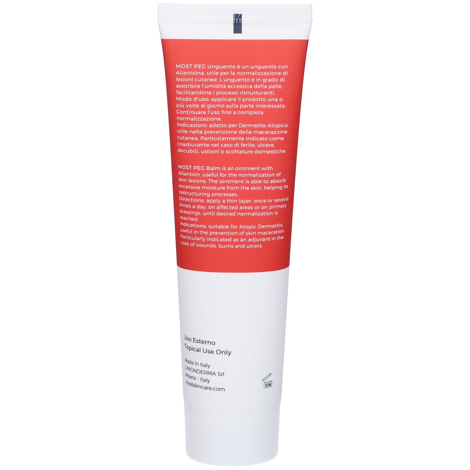 Weiße Tube mit rotem Band. Aufschrift: MOST PEG Balsam. Text in italienischer Sprache. 'Uso Esterno'.