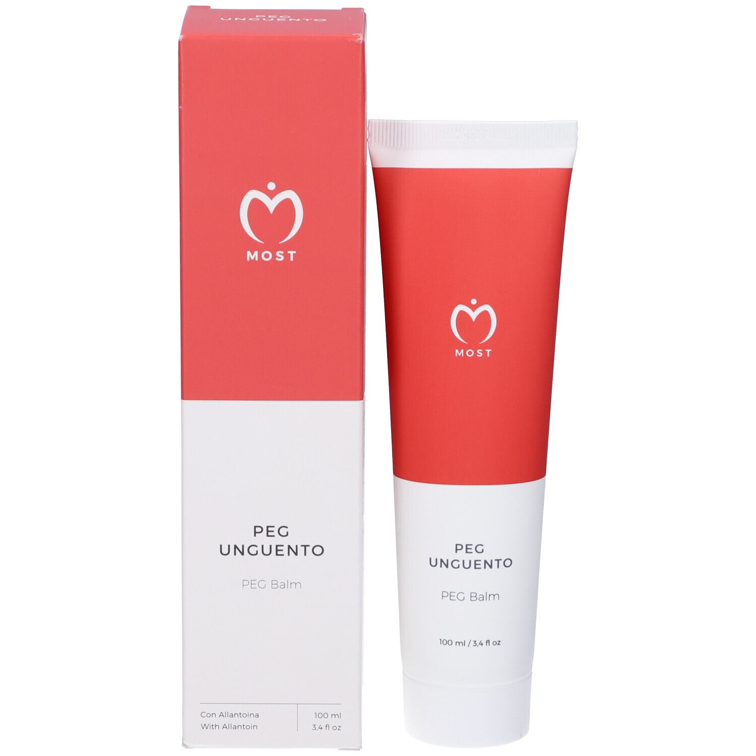 Rote und weiße Schachtel und Tube. Aufschrift: MOST, PEG UNGUENTO, PEG Balm. 100 ml / 3.4 fl oz.