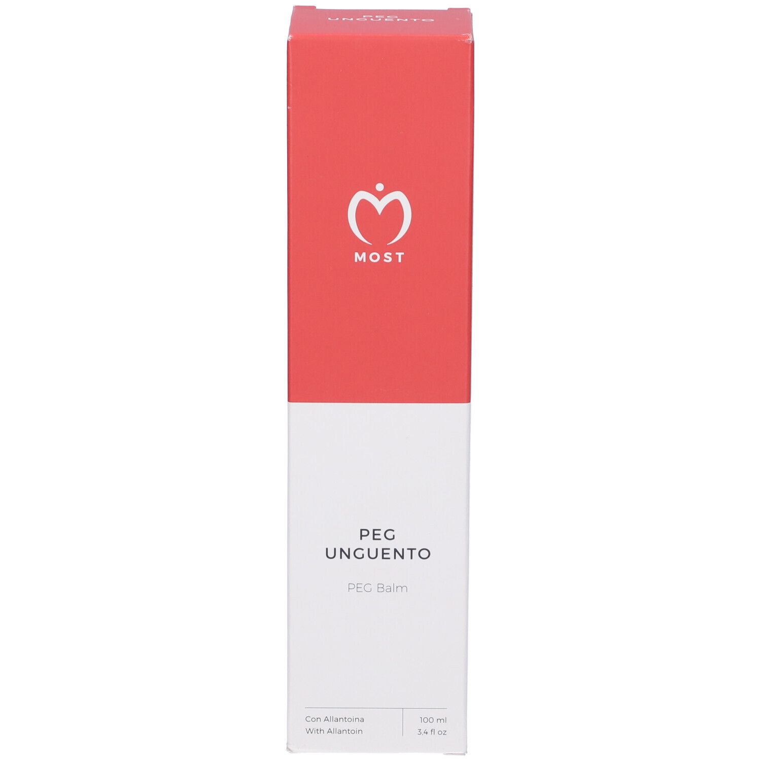 Hohe, rote und weiße Schachtel. Aufschrift: MOST, PEG UNGUENTO, PEG Balm. 100 ml / 3.4 fl oz.