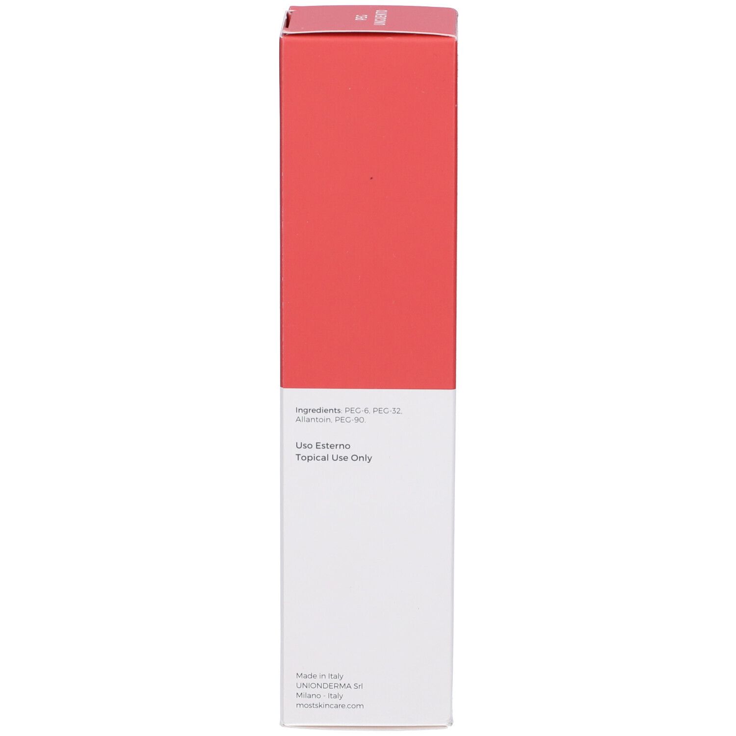 Rote und weiße Schachtel. Aufschrift: MOST PEG Balm. Text in italienischer Sprache. 'Uso Esterno'.