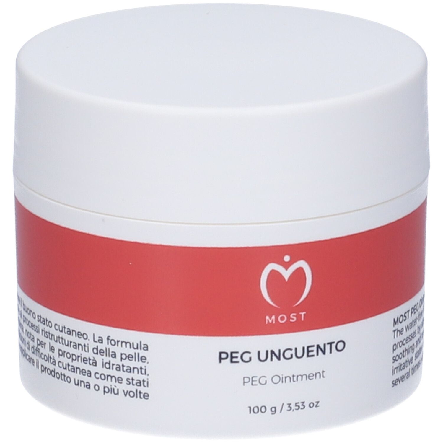 Weißer Tiegel mit rotem Band. Aufschrift: MOST, PEG UNGUENTO, PEG Ointment. 100 g / 3.53 oz.