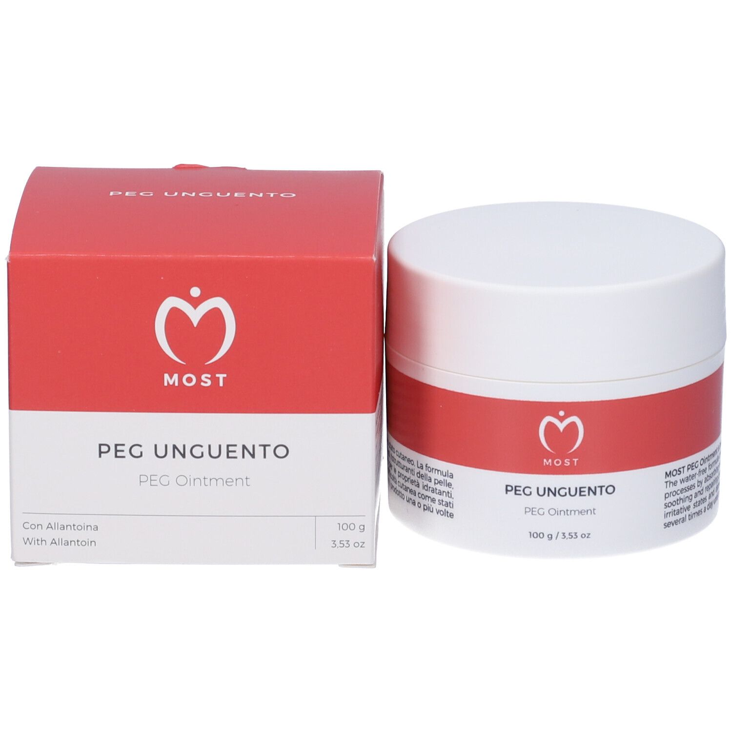 Weißer Tiegel und Schachtel. Aufschrift: MOST, PEG UNGUENTO, PEG Ointment. 100 g / 3.53 oz.
