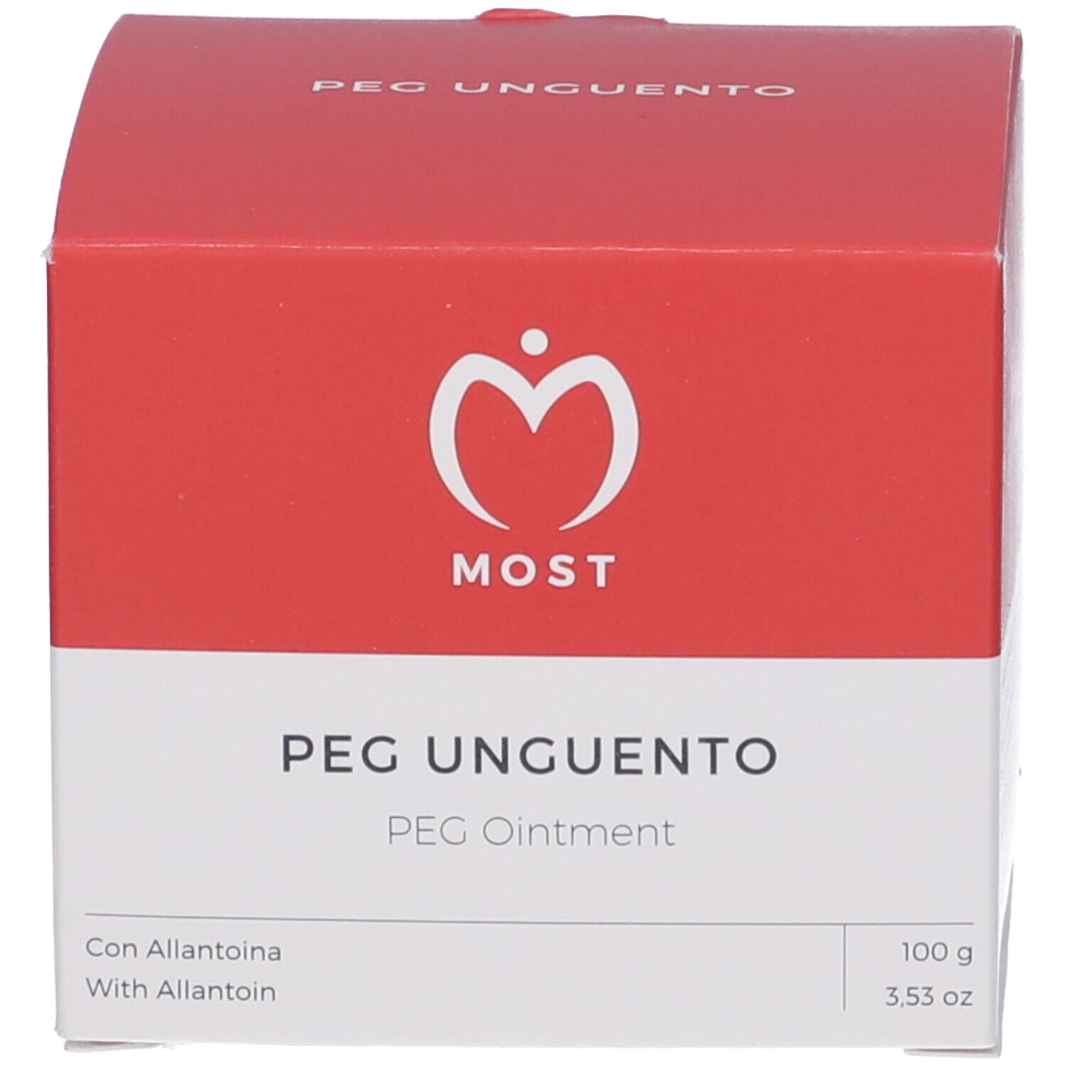 Rote und weiße Schachtel. Aufschrift: MOST, PEG UNGUENTO, PEG Ointment. 100 g / 3.53 oz.