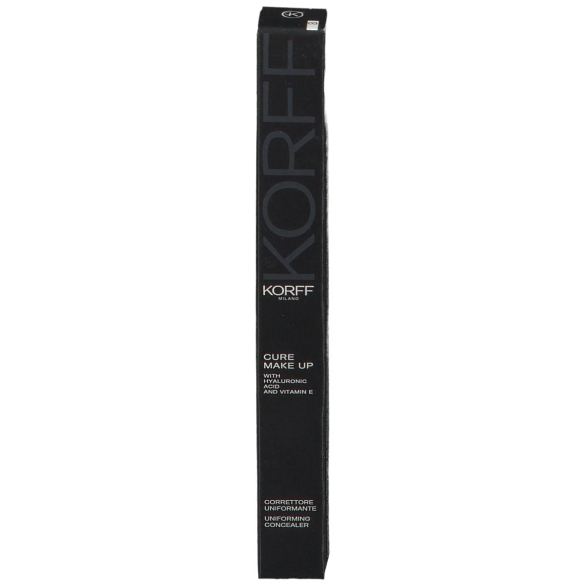 Schwarze Verpackung. Aufschrift: KORFF, Cure Make Up, mit Hyaluronsäure und Vitamin E. Korrekturstift.