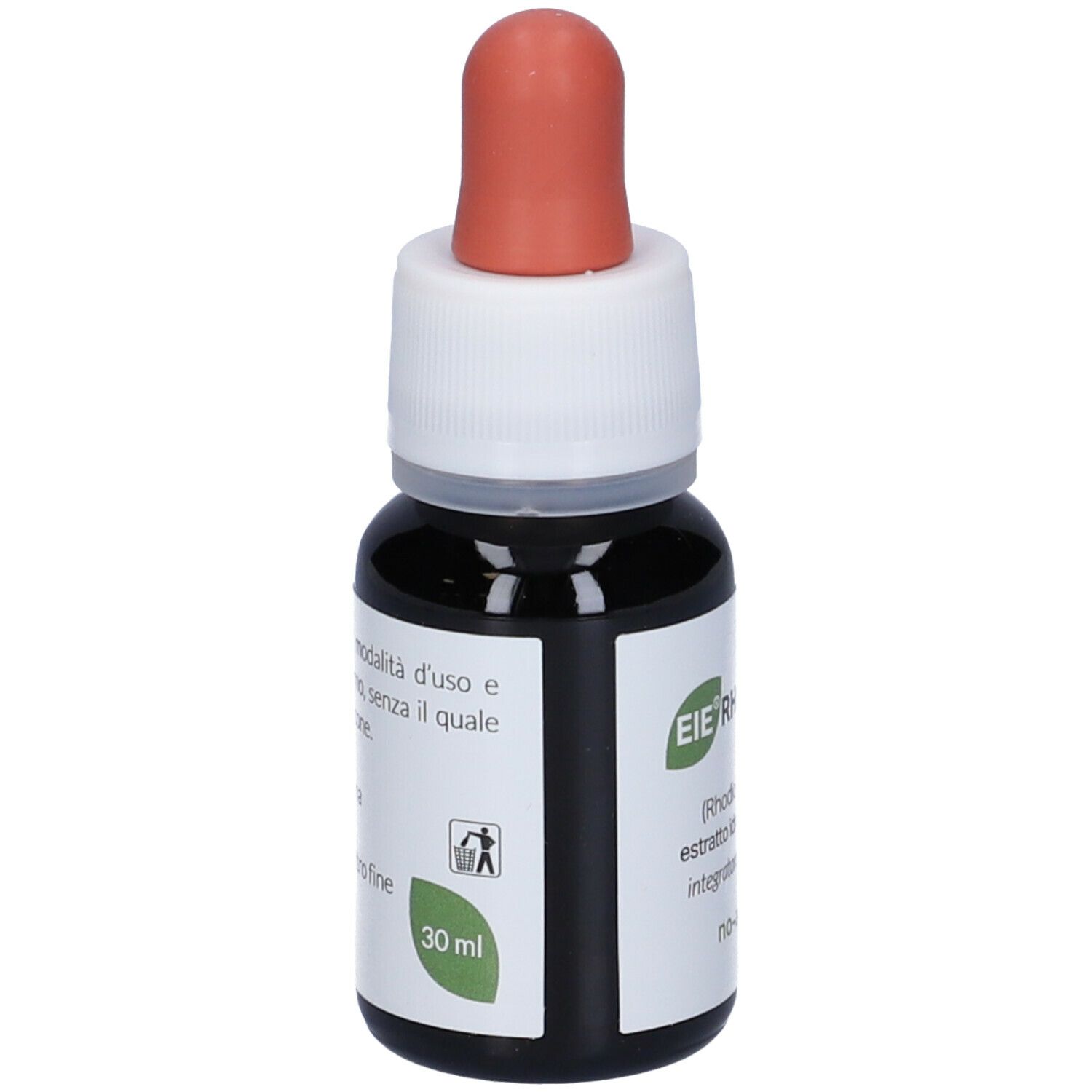 Braune Glasflasche mit Tropfer. Aufschrift: EIE Rhodiola, 30 ml. Weißes Etikett mit Text.