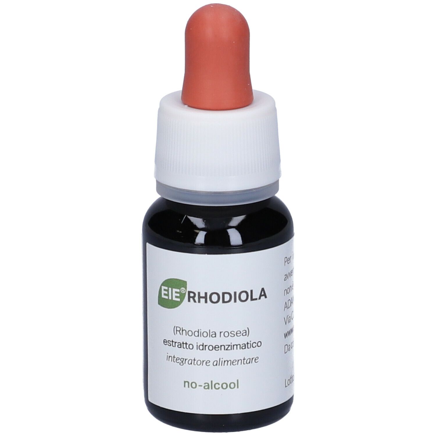 Braune Glasflasche mit Tropfer. Aufschrift: EIE Rhodiola, 30 ml. Weißes Etikett mit Produktinformationen.