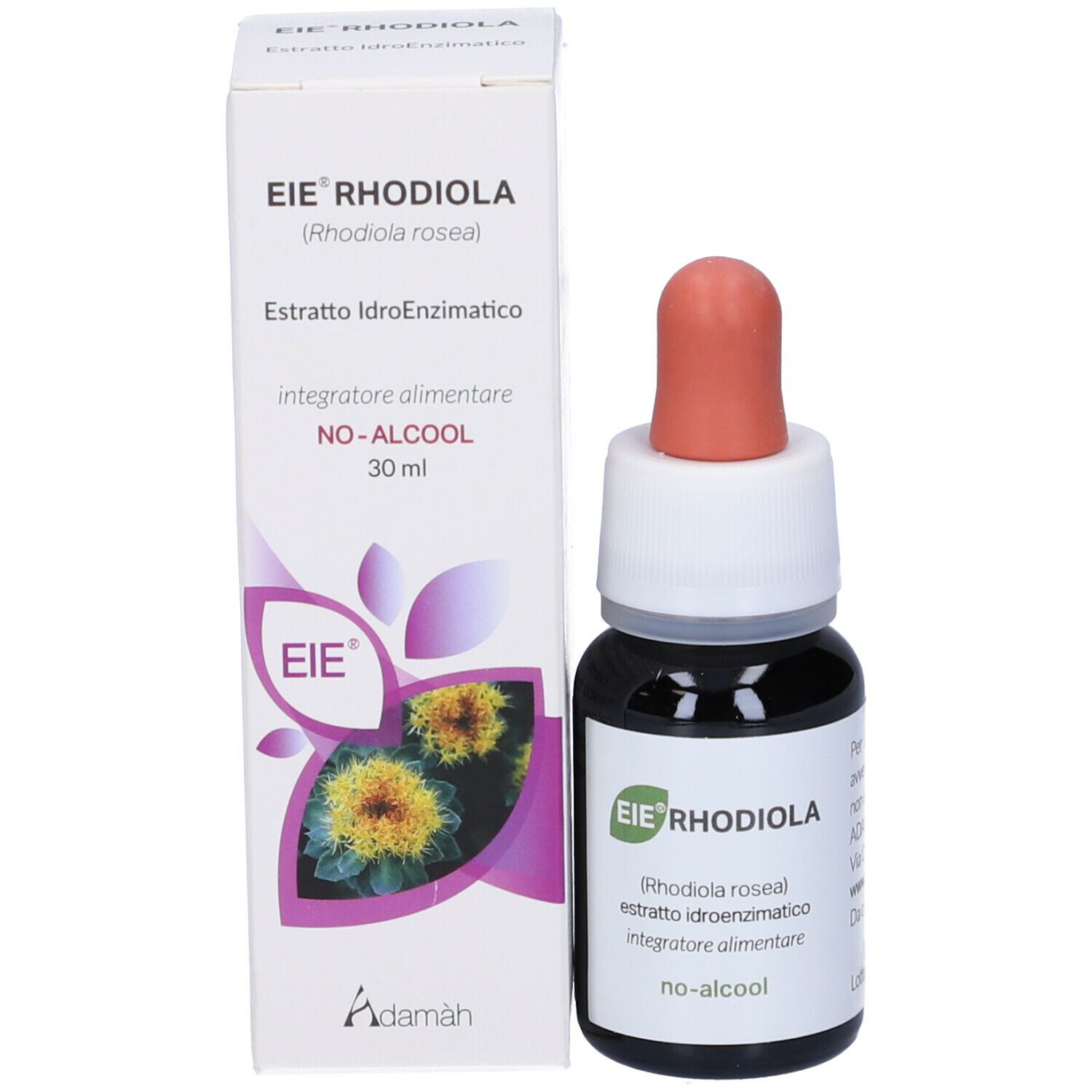 Produktflasche und Verpackung. Aufschrift: EIE Rhodiola, NO-ALCOOL, 30 ml. Tropfflasche mit Tropfer.
