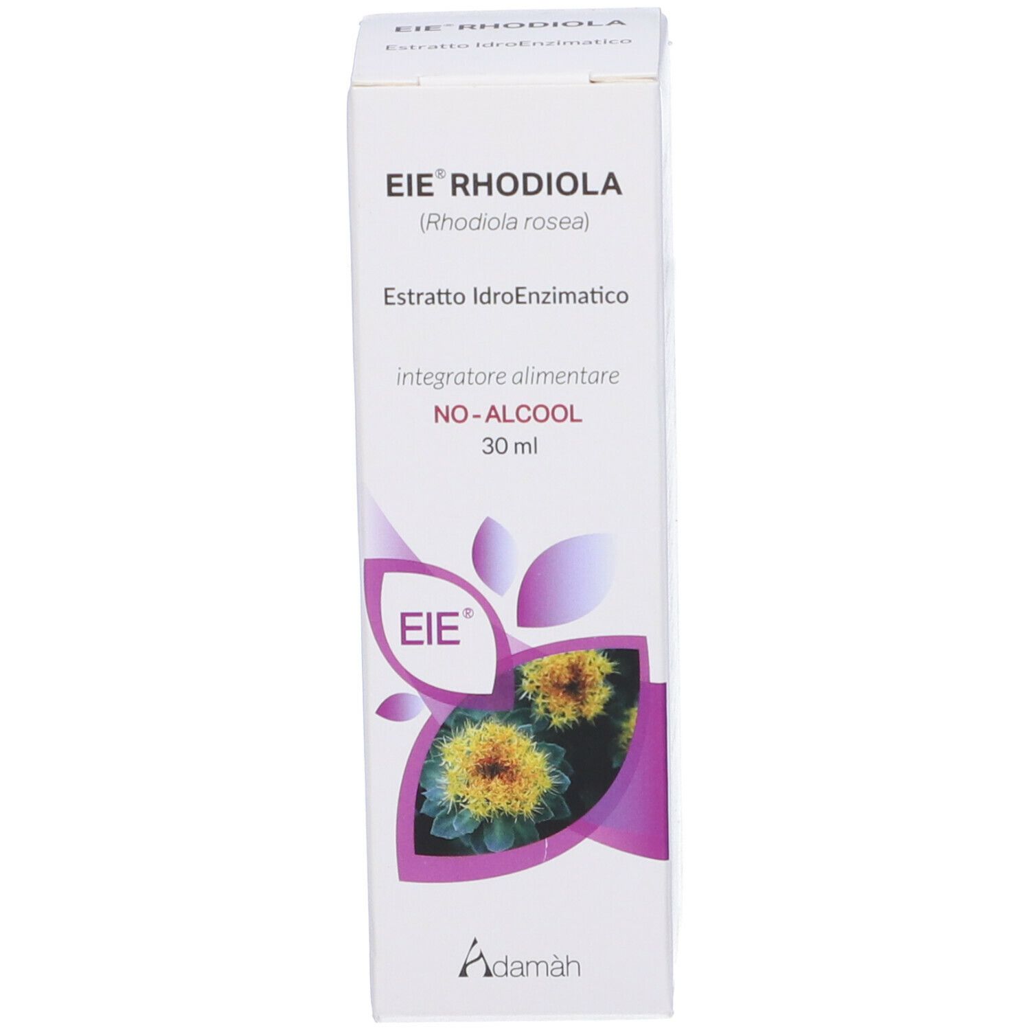 Weißer Karton mit Produktaufdruck. Aufschrift: EIE Rhodiola, NO-ALCOOL, 30 ml. Logo und Abbildung von Blüten.