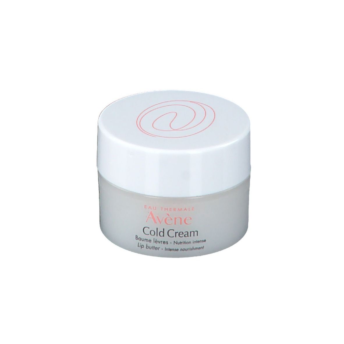 Beurre à lèvres Avène Cold Cream. Pot blanc avec couvercle blanc et logo rouge. Nom du produit et texte sur le pot.