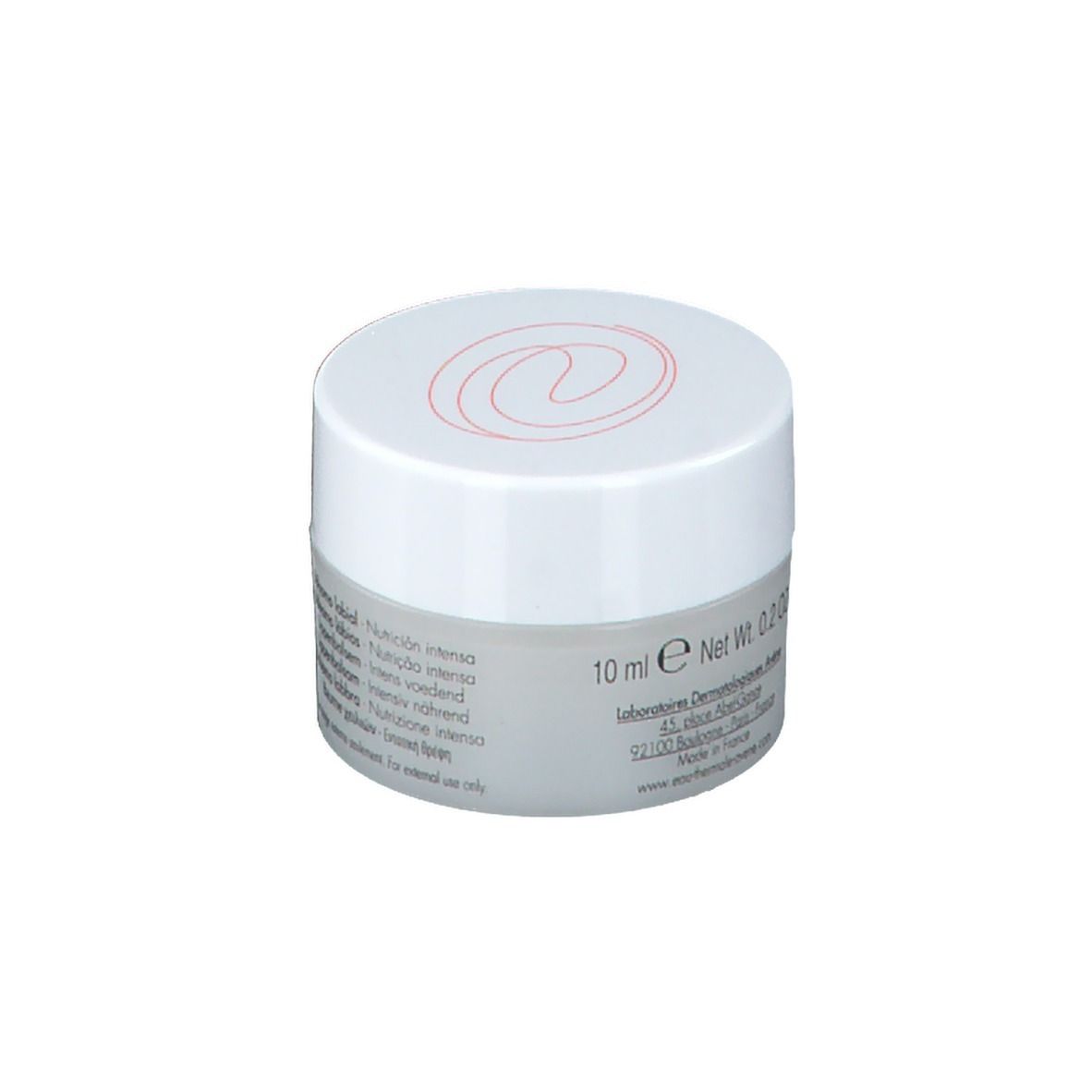 Beurre à lèvres Avène Cold Cream. Pot avec couvercle blanc. Inscription 10 ml. Nom du produit et logo sur le couvercle.