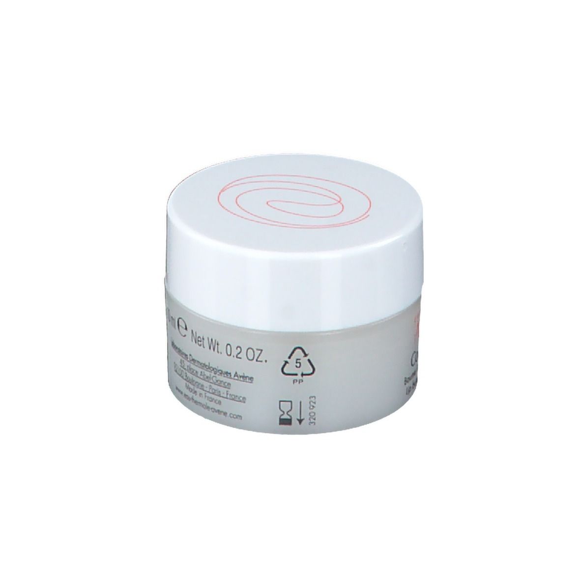 Beurre à lèvres Avène Cold Cream. Pot avec couvercle blanc. Inscription Net Wt. 0.2 oz. Nom du produit et logo.