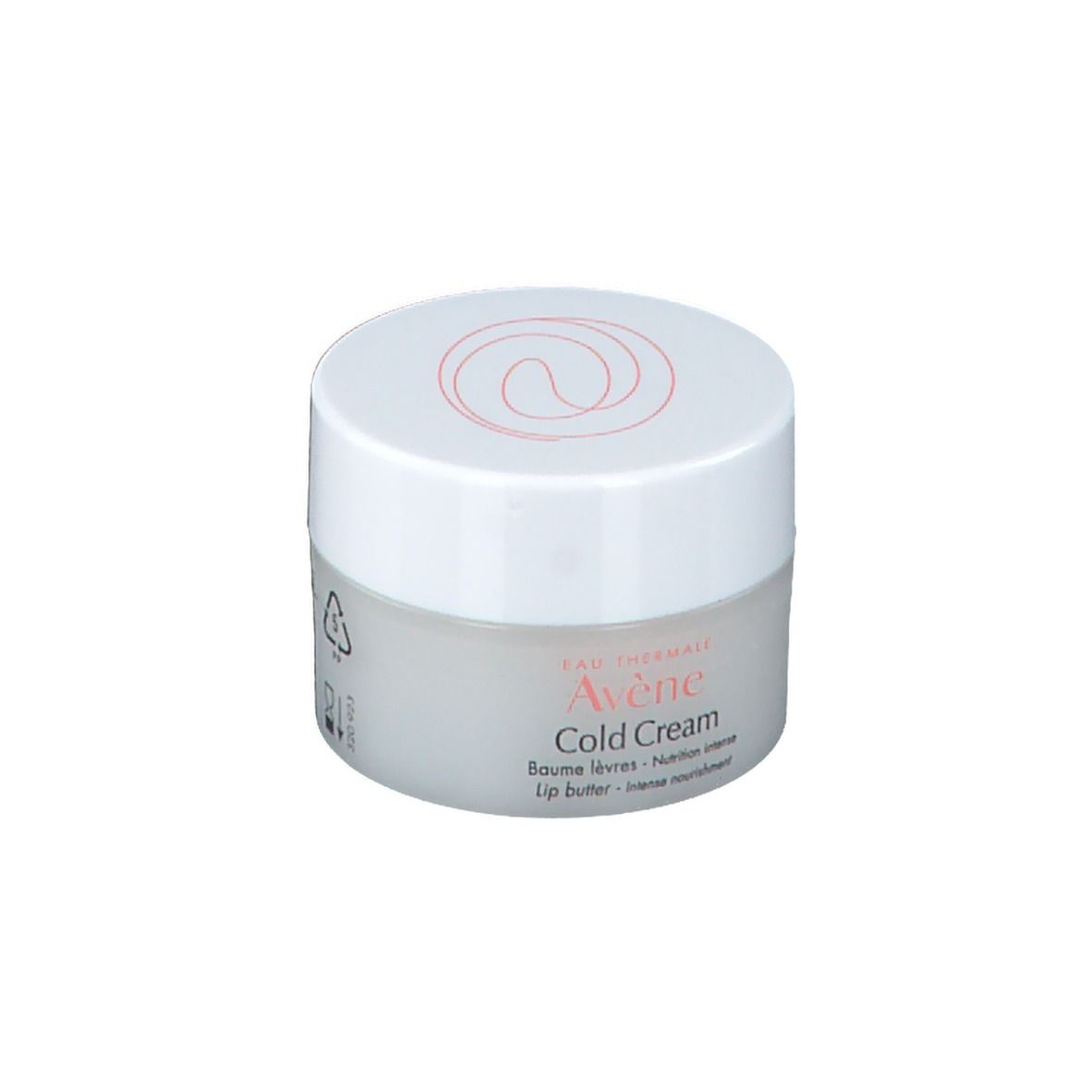 Beurre à lèvres Avène Cold Cream. Pot avec couvercle blanc. Nom du produit et logo sur le pot. Texte sur le pot.