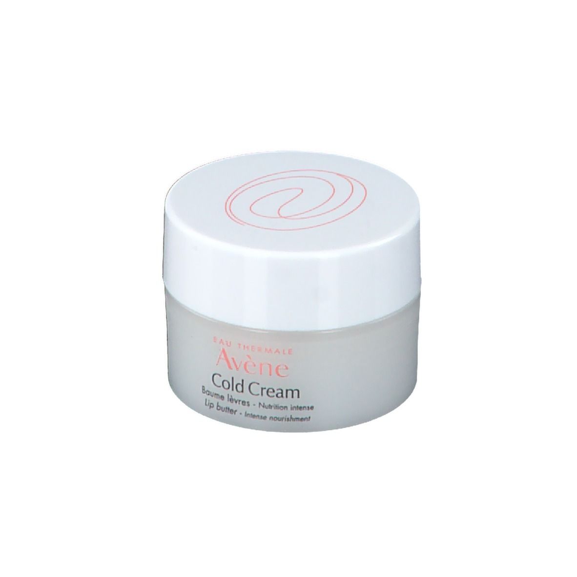 Beurre à lèvres Avène Cold Cream. Pot avec couvercle blanc. Nom du produit et logo sur le pot. Texte sur le pot.