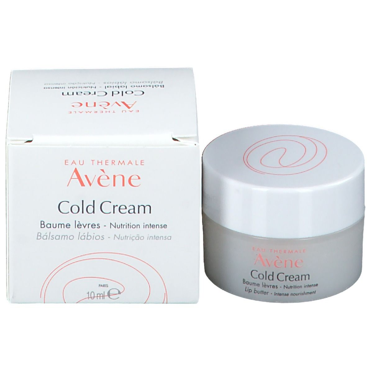 Beurre à lèvres Avène Cold Cream et emballage. Pot et boîte. Nom du produit et logo sur les deux. 10 ml sur la boîte.