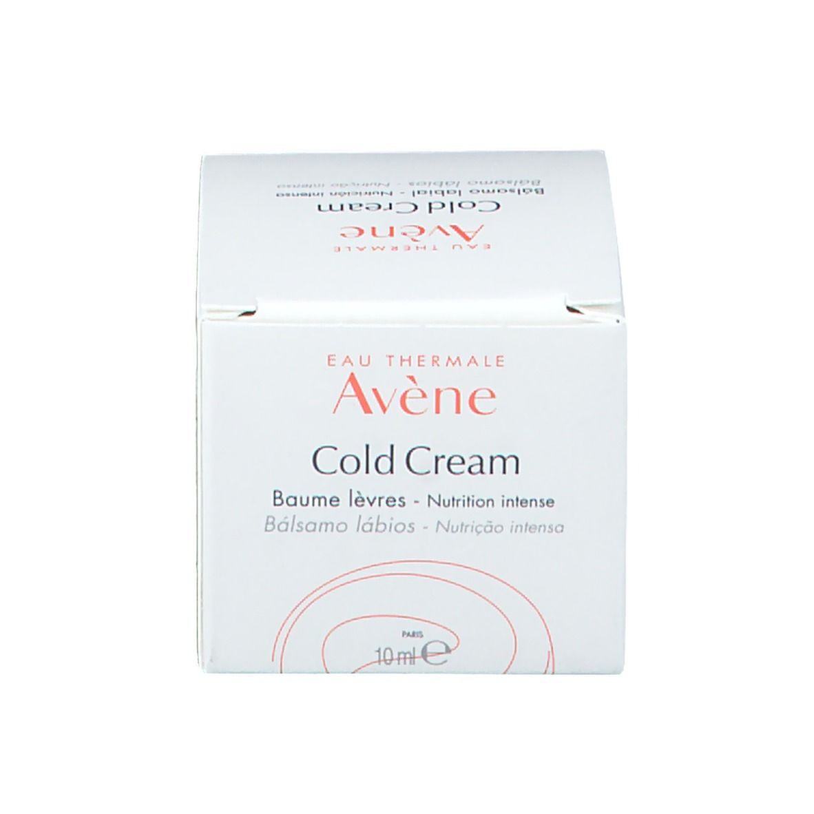 Emballage du beurre à lèvres Avène Cold Cream. Boîte blanche avec nom et logo du produit. 10 ml sur la boîte.