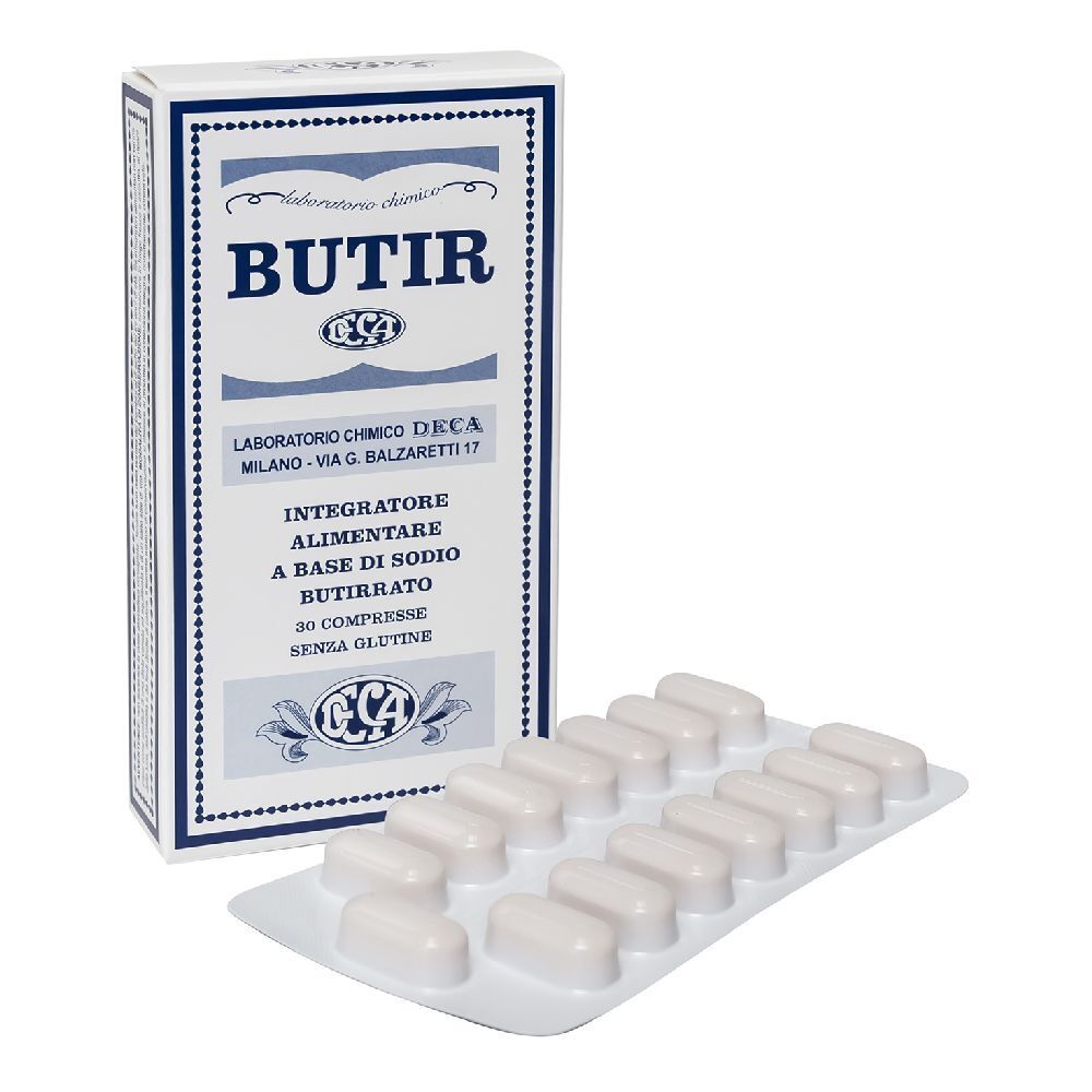 Blisterpackung mit Tabletten neben einer Schachtel mit der Aufschrift BUTIR. Auf der Schachtel steht 'Integratore alimentare a base di sodio butirrato'.