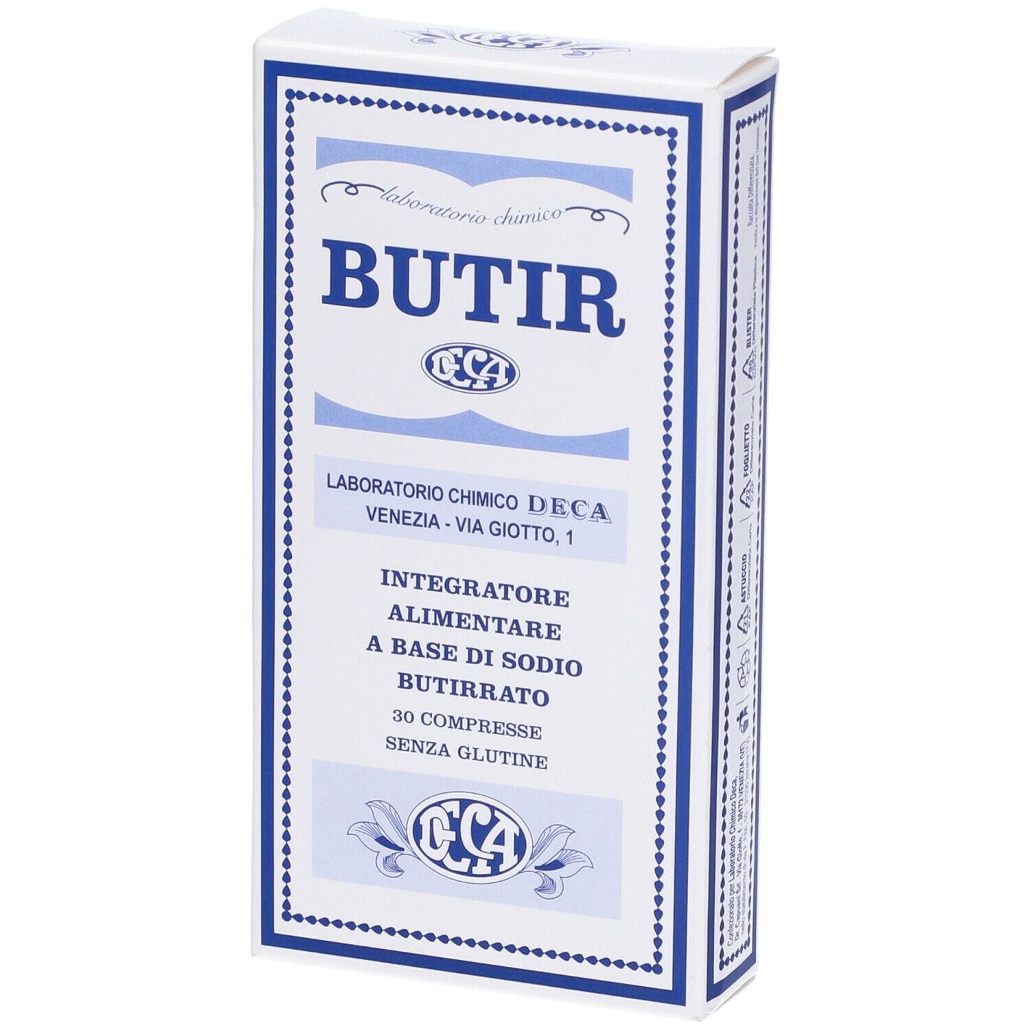 Weiße Schachtel mit blauer Schrift. Aufschrift BUTIR, Laboratorio Chimico DECA. Text: 'Integratore alimentare a base di sodio butirrato'.