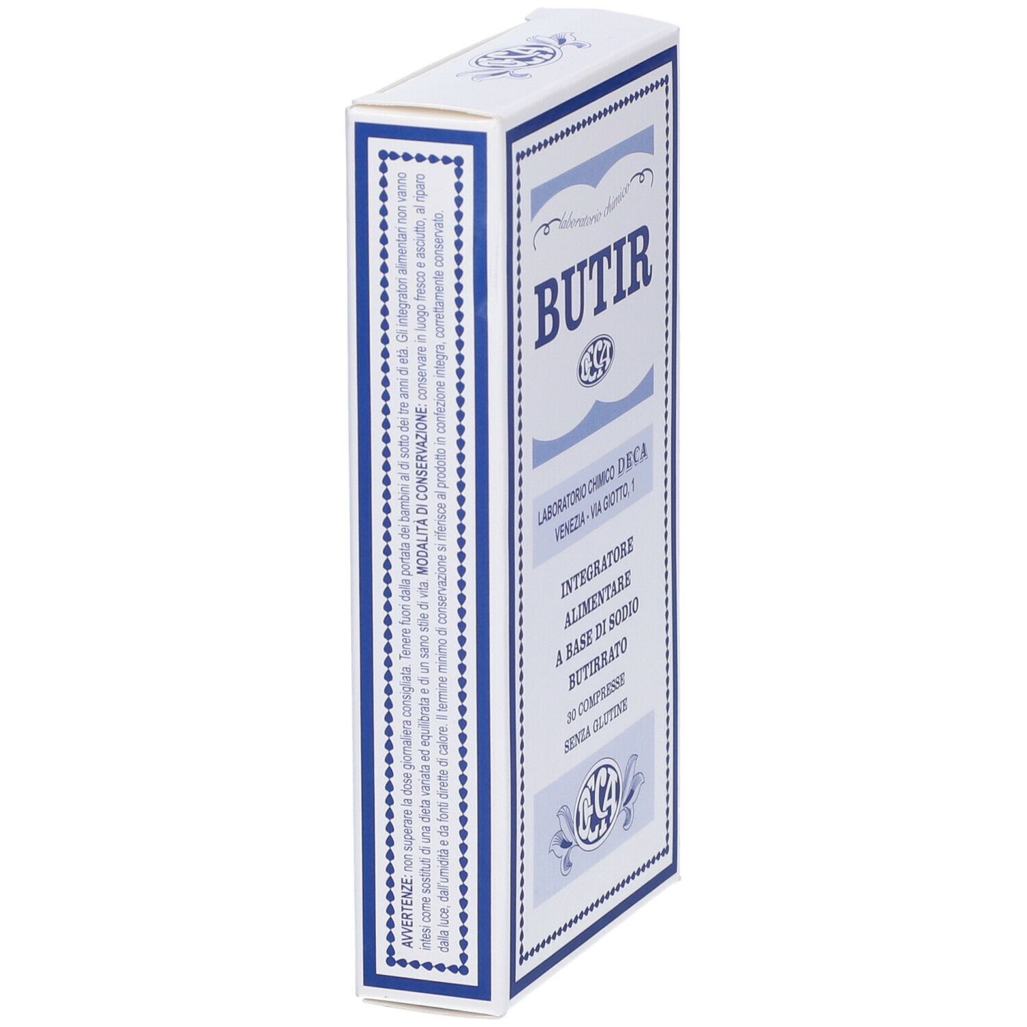 Schachtel mit blauer Schrift. Aufschrift BUTIR, Laboratorio Chimico DECA. Text: 'Integratore alimentare a base di sodio butirrato'.