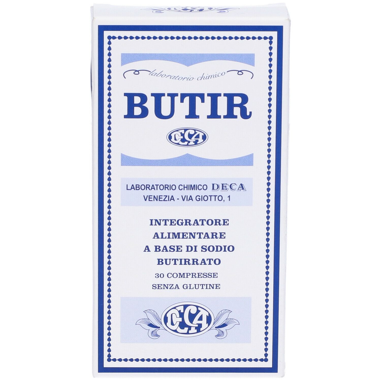 Weiße Schachtel mit blauer Schrift. Aufschrift BUTIR, Laboratorio Chimico DECA. Text: 'Integratore alimentare a base di sodio butirrato'.