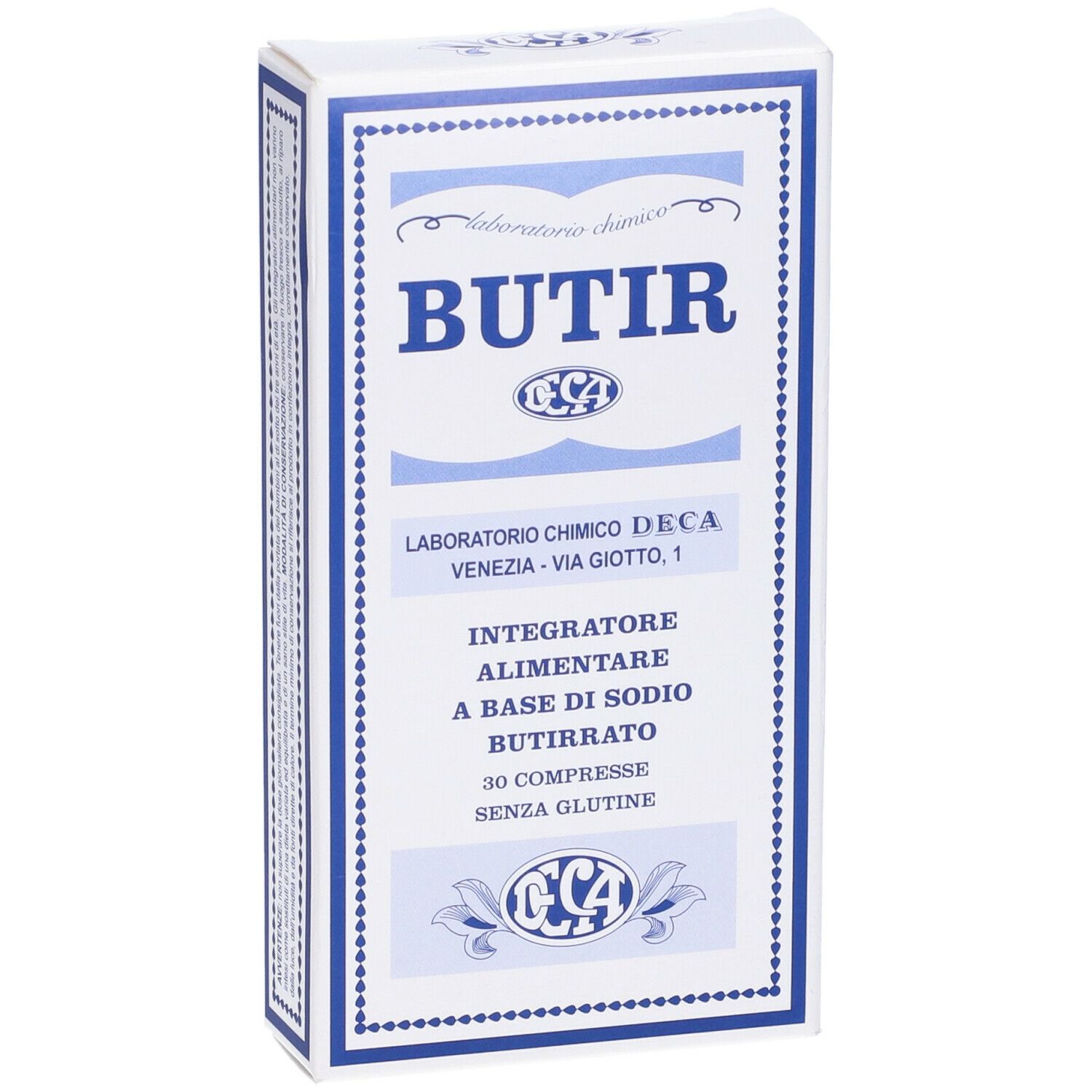 Weiße Schachtel mit blauer Schrift. Aufschrift BUTIR, Laboratorio Chimico DECA. Text: 'Integratore alimentare a base di sodio butirrato'.
