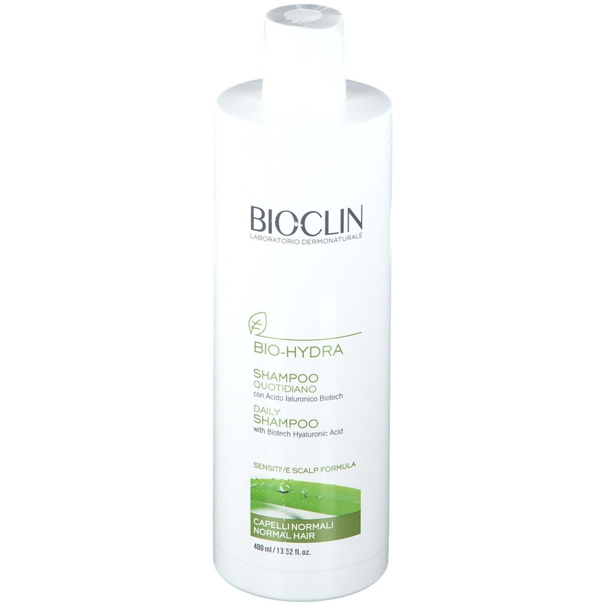 Weiße Shampoo-Flasche mit BIOCLIN-Logo und BIO-HYDRA-Schriftzug. Enthält Text in italienischer und englischer Sprache.