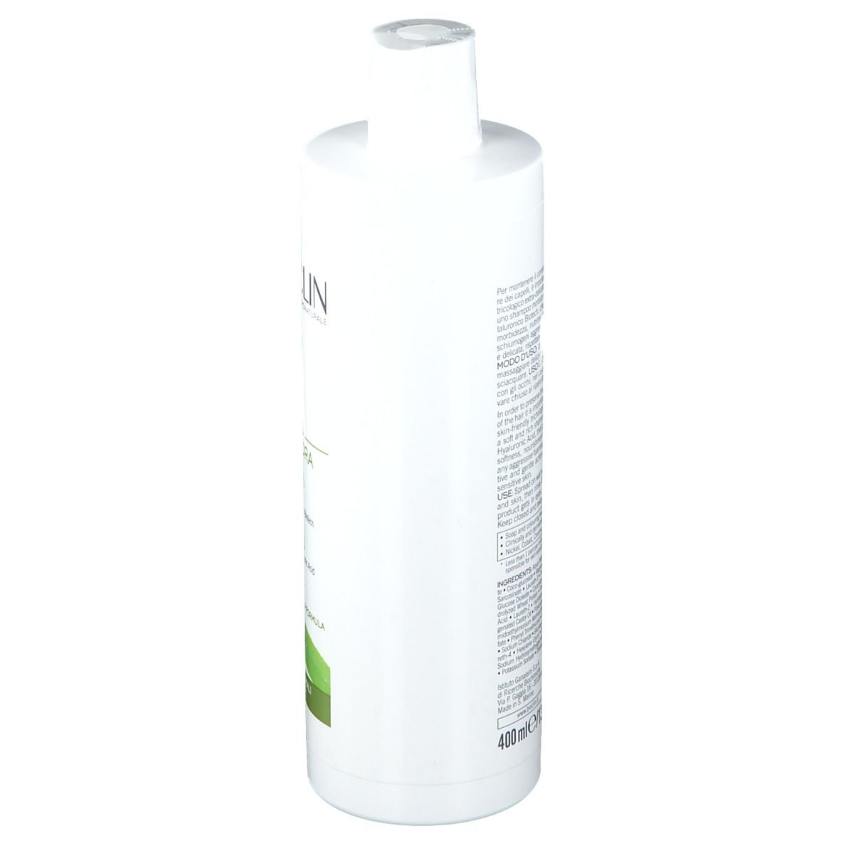 Weiße Shampoo-Flasche, Seitenansicht. Text in italienischer Sprache. Enthält Informationen über das Produkt.