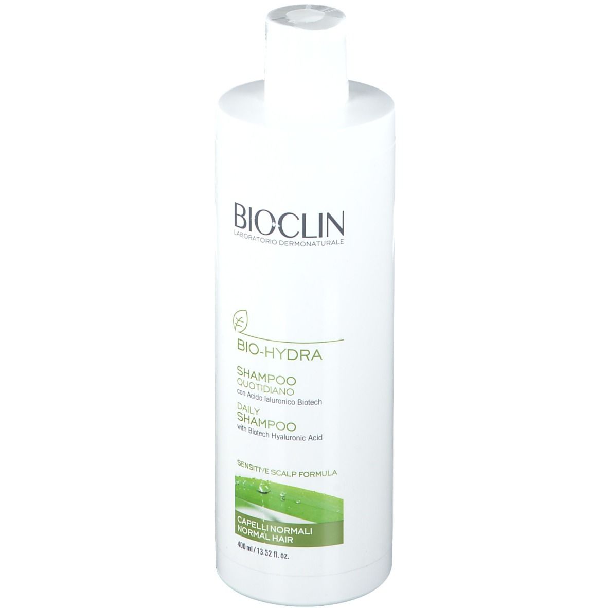 Weiße Shampoo-Flasche mit BIOCLIN-Logo und BIO-HYDRA-Schriftzug. Enthält Text in italienischer und englischer Sprache.