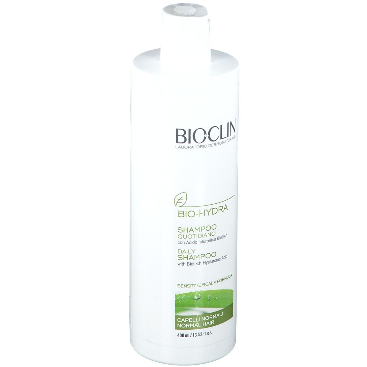Weiße Shampoo-Flasche mit BIOCLIN-Logo und BIO-HYDRA-Schriftzug. Enthält Text in italienischer und englischer Sprache.