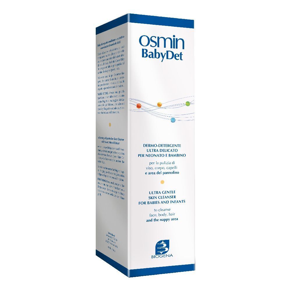 Osmin BabyDet-Verpackung. Weißer Karton mit blauer Schrift und Produktinformationen. Biogena-Logo unten.