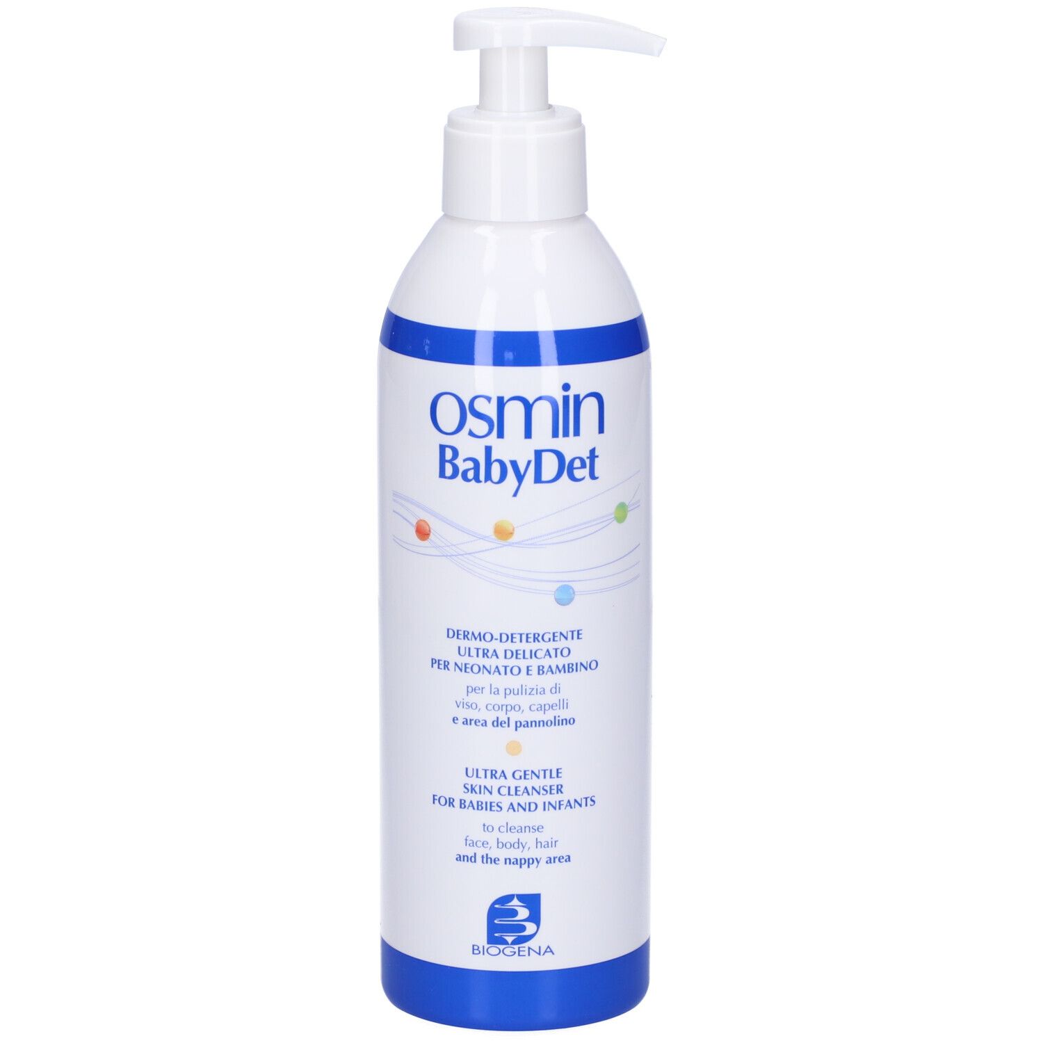 Osmin BabyDet-Flasche mit Pumpverschluss. Weiß mit blauem Streifen und Produktbezeichnung. Biogena-Logo.