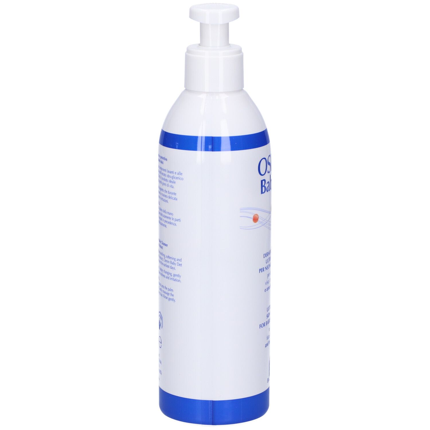 Osmin BabyDet-Flasche, Rückseite. Weiß mit blauem Streifen. Textinformationen und Biogena-Logo.