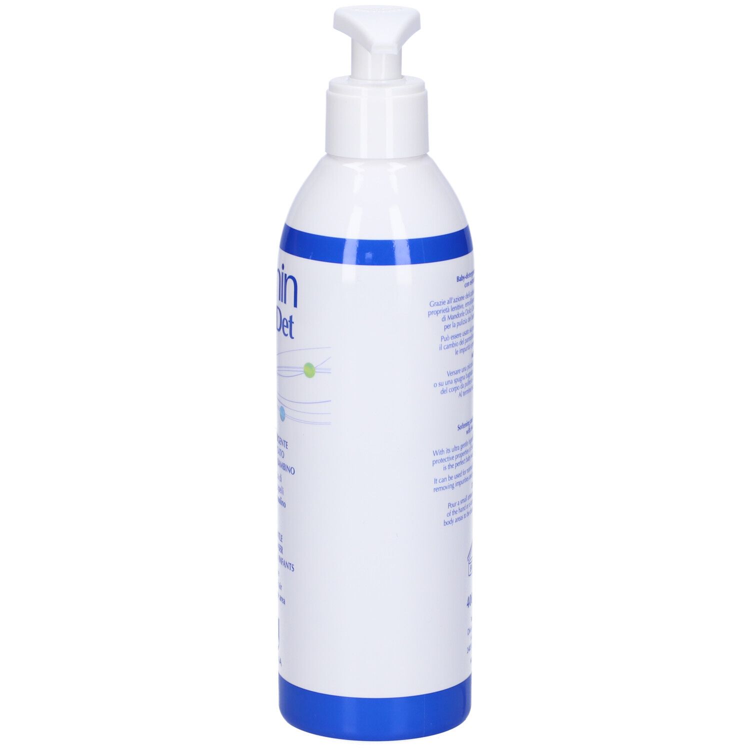 Osmin BabyDet-Flasche, Seitenansicht. Weiß mit blauem Streifen. Text und Biogena-Logo.