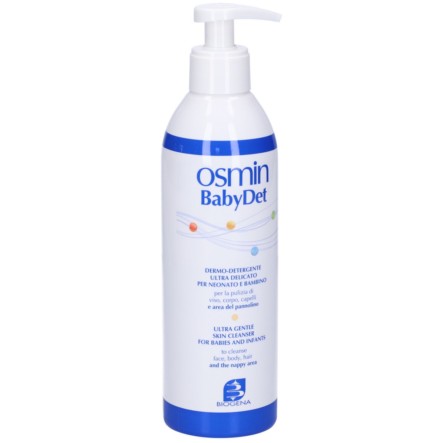 Osmin BabyDet-Flasche mit Pumpverschluss. Weiß mit blauem Streifen und Produktbezeichnung. Biogena-Logo.