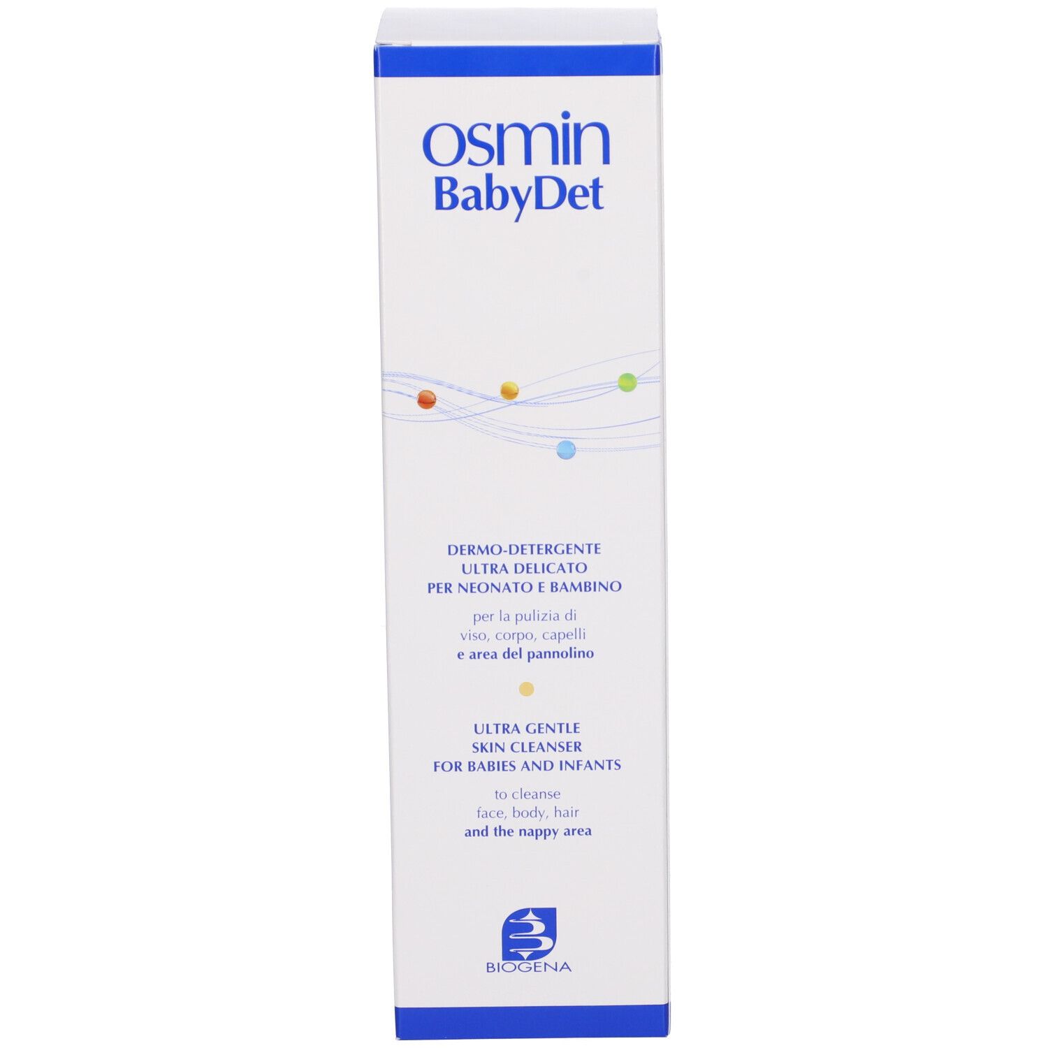 Osmin BabyDet-Verpackung. Weißer Karton mit blauer Schrift und Produktinformationen. Biogena-Logo unten.