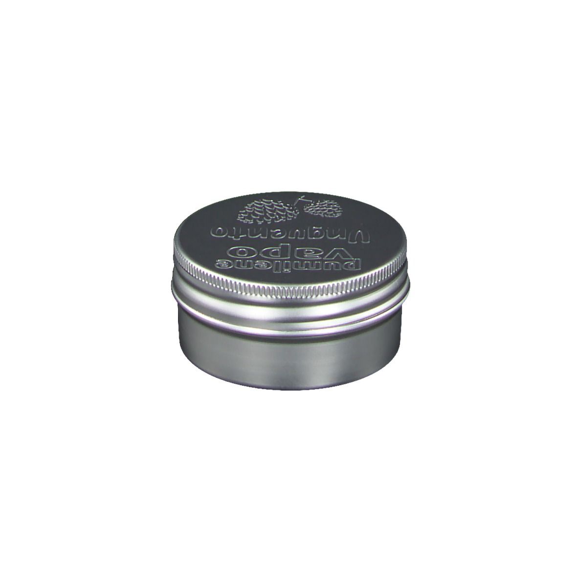 Boîte cylindrique en métal. Couvercle avec nom et logo du produit. Métal argenté.