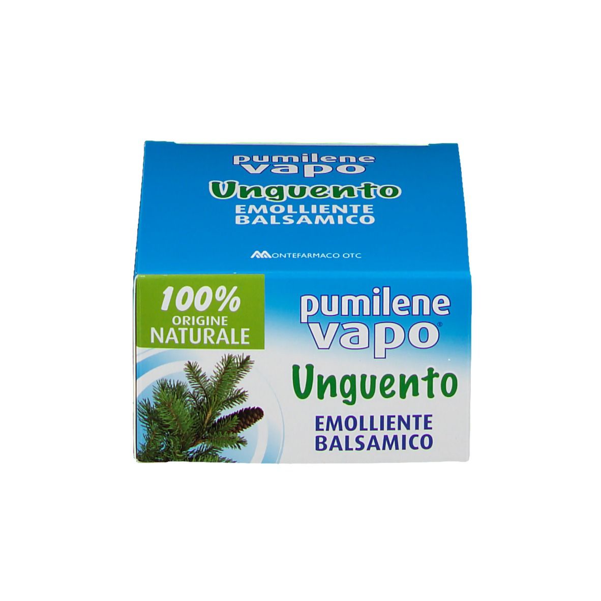 Boîte bleue avec nom et logo du produit. 100% d'origine naturelle. Image d'un pin.