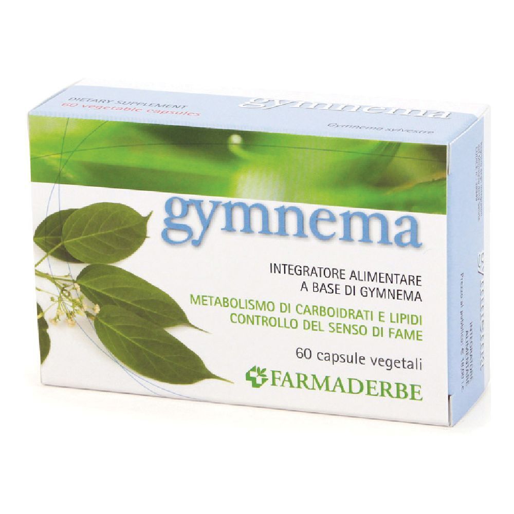 Gymnema-Verpackung. Blaue und weiße Schachtel mit Produktnamen und Blättern. 60 Kapseln. Marke Farmaderbe.